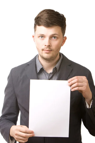 Obchodní muž držící prázdné desky — Stock fotografie