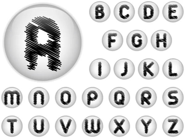 Alphabet Scribble Letters in shiny White Buttons — Stock Vector
