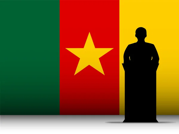 Silueta de Tribuna de discurso de Camerún con fondo de bandera — Vector de stock
