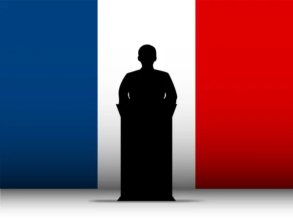Francia Discurso Tribuna Silueta con Fondo de Bandera — Vector de stock