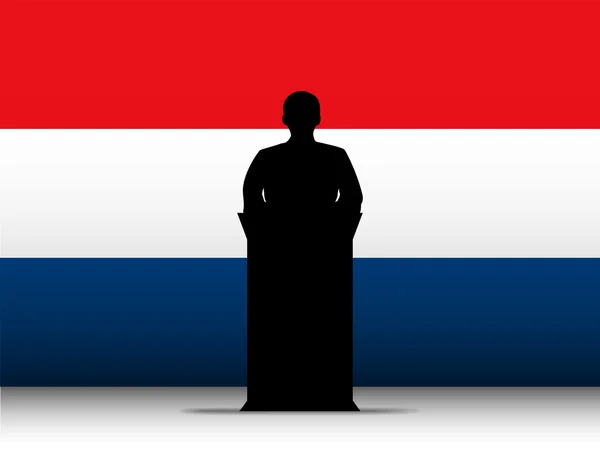 Hollandia beszéd Tribune Silhouette zászló háttérrel — Stock Vector