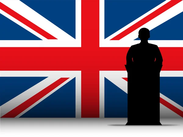 Storbritannien tal tribune siluett med flagga bakgrund — Stock vektor