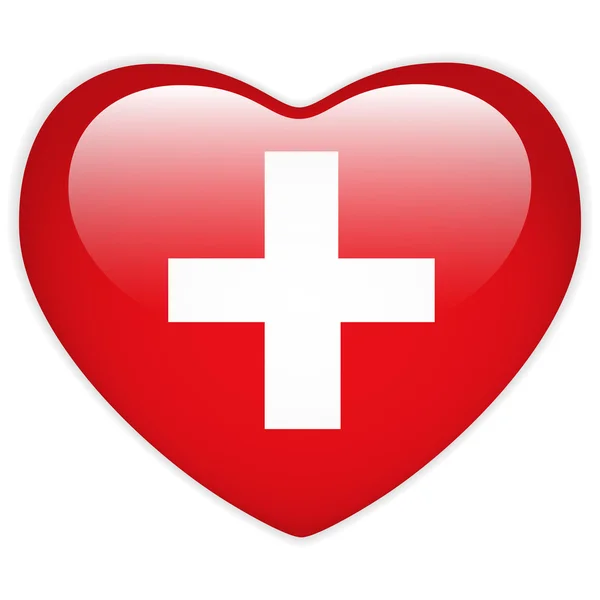 スイスの国旗ハートの光沢のあるボタン — ストックベクタ