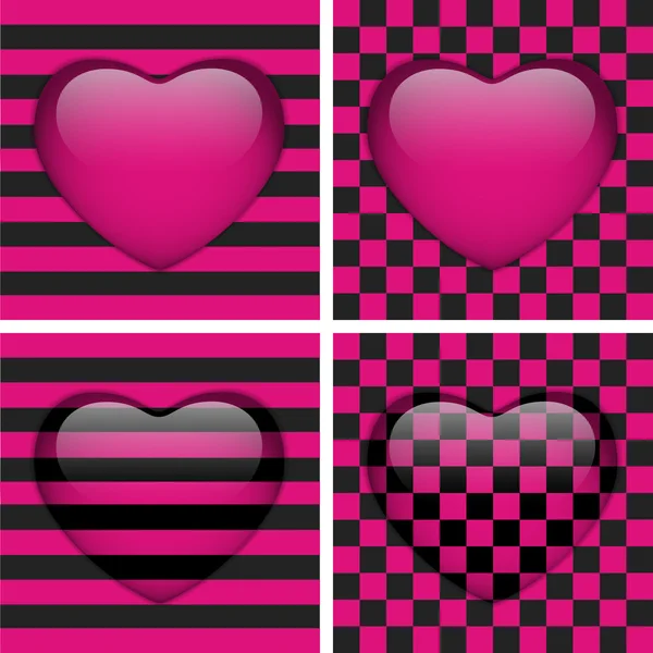 Ensemble de quatre coeurs émo brillants. Échecs et rayures roses et noires — Image vectorielle