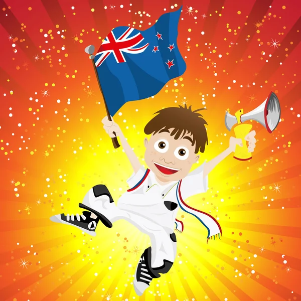 Ventilador de esporte da Nova Zelândia com bandeira e chifre — Vetor de Stock