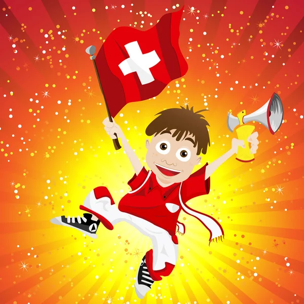 Suíça Ventilador de esporte com bandeira e chifre — Vetor de Stock