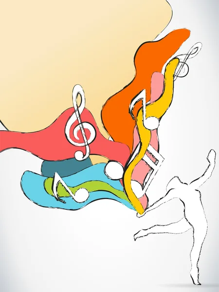 Dansçı siluet renkli dalgalar ve müzik notlar — Stok Vektör