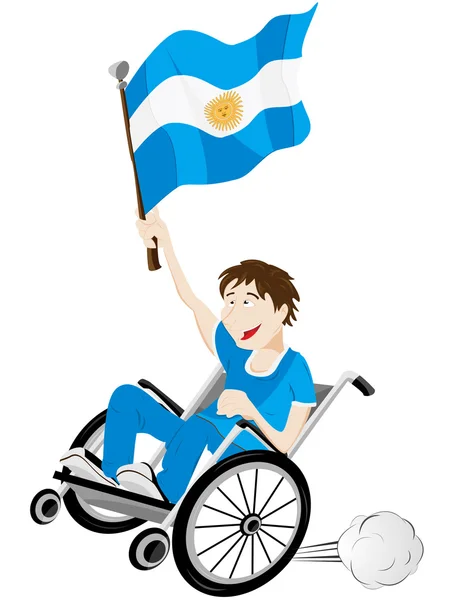 Arjantin bayrağı ile tekerlekli sandalye üzerinde spor fan destekçisi — Stok Vektör