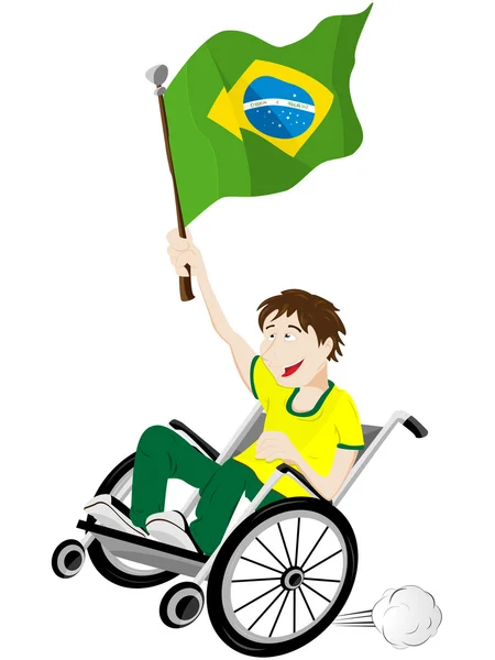 Brazil Sport Fan Supporter on Wheelchair with Flag — Stock Vector