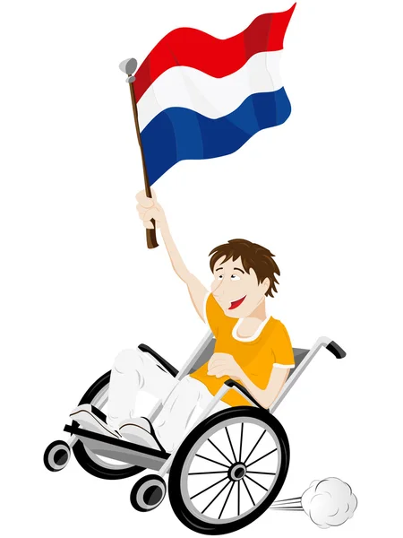 Tifoso dello sport olandese sulla sedia a rotelle con bandiera — Vettoriale Stock