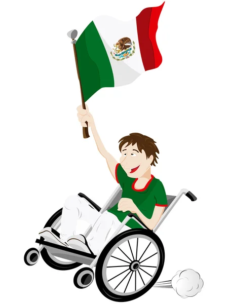 Μεξικό αθλητισμού ανεμιστήρα υποστηρικτής για αναπηρική καρέκλα με σημαία — Διανυσματικό Αρχείο