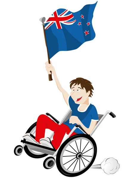 Supporter de ventilateur de sport néo-zélandais sur fauteuil roulant avec drapeau — Image vectorielle