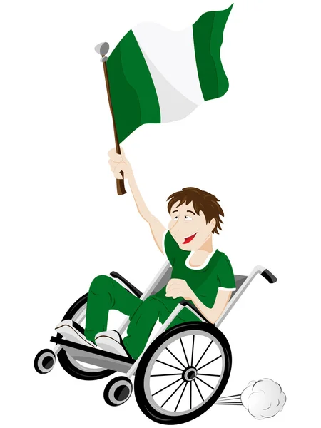 フラグ付きの車椅子上のナイジェリア スポーツ ファン サポーター — ストックベクタ