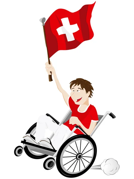 Ελβετία αθλητισμού ανεμιστήρα υποστηρικτής για αναπηρική καρέκλα με σημαία — Διανυσματικό Αρχείο