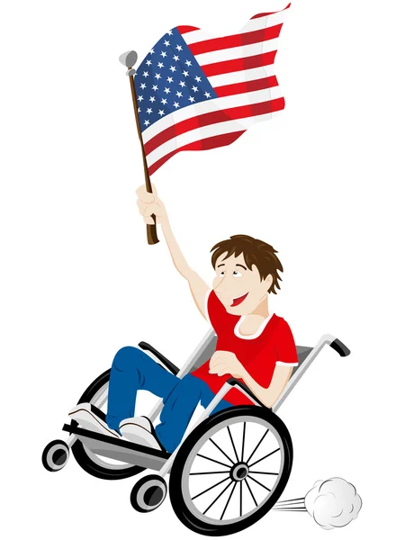 USA Sport Fan Supporter on Wheelchair with Flag — Stock Vector