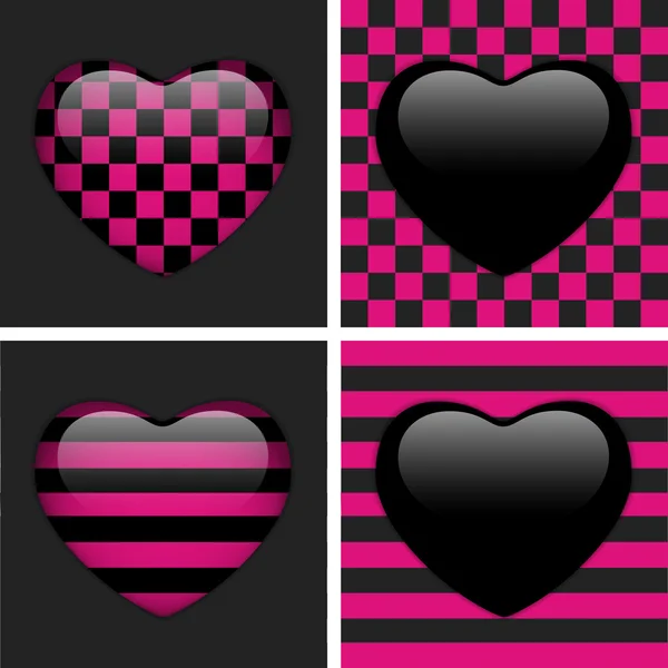 Σύνολο τέσσερις καρδιές γυαλιστερές emo. ροζ και μαύρο σκάκι και ρίγες — Διανυσματικό Αρχείο