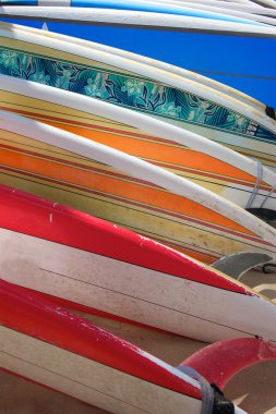 Brightly Colored Rental Surfboards Laying on the Sand in Hawaii clipart