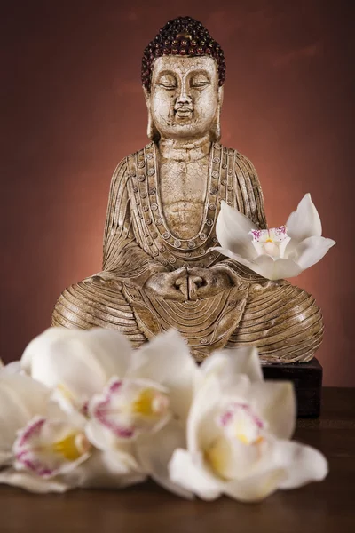 Buddha-Statue mit Orchideenblume — Stockfoto