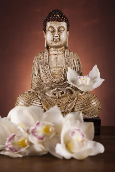 Buddha-Statue mit Orchideenblume — Stockfoto