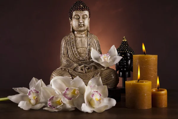Buddha szobor orchidea virág — Stock Fotó