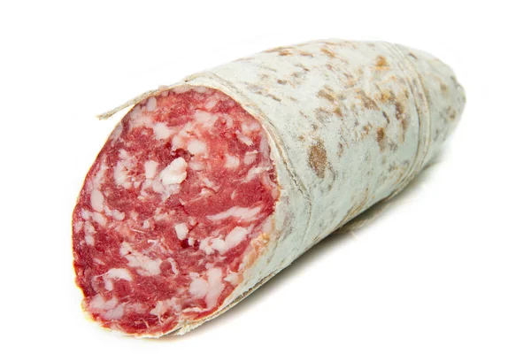 Salami sliced on the white — Stock Photo, Image