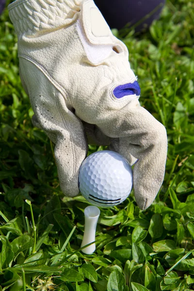 Placer une balle de golf sur un tee-shirt — Photo