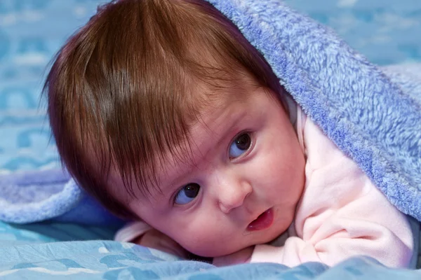 Baby looking out from under blanket — Stock Photo, Image