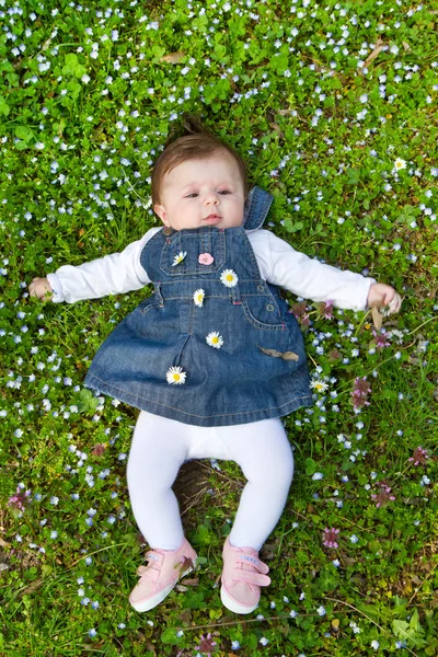 Baby op groen gras met daisy — Stockfoto