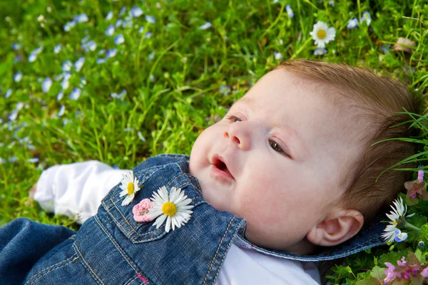 Bebé sobre hierba verde con margarita — Foto de Stock