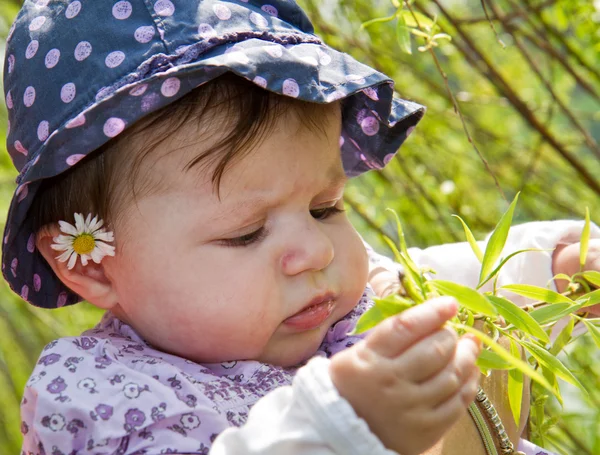 Bébé jouant avec la lame d'herbe — Photo