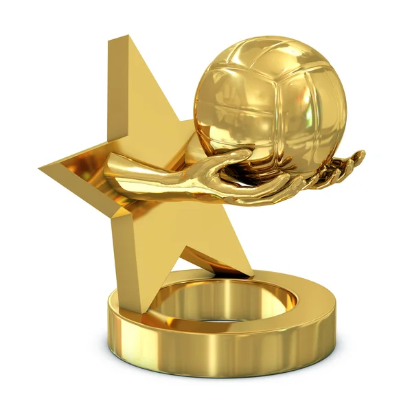 Trofeo de oro con estrella, manos y voleibol —  Fotos de Stock