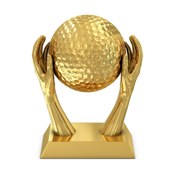 Golden award trophy med händer och golfboll — Stockfoto