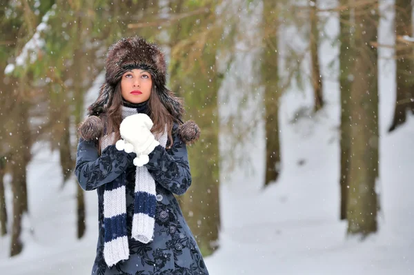 Kış zamanında genç güzel kadın — Stok fotoğraf