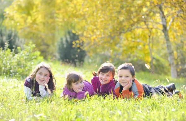 Eine Gruppe von Kindern legt sich ins Gras — Stockfoto