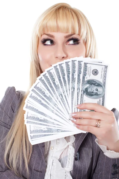 흰색 배경에 고립 된 현금 보여주는 여자의 초상화 — 스톡 사진