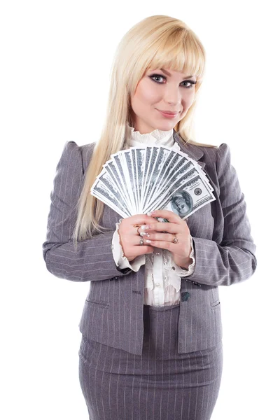 Mulher sorrindo enquanto segurando dinheiro — Fotografia de Stock