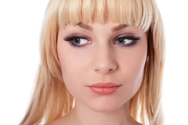 Ung vacker kvinna med vackra blonda hårstrån isolerad på vit — Stockfoto
