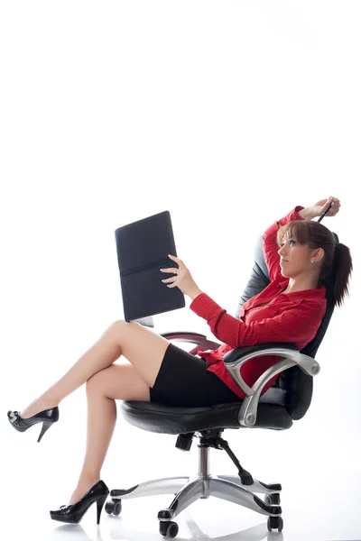 Forretning kvinde på arbejde på en hvid - Stock-foto