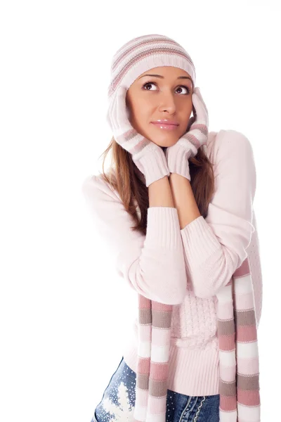 Žena v zimní oblečení na bílé — Stock fotografie
