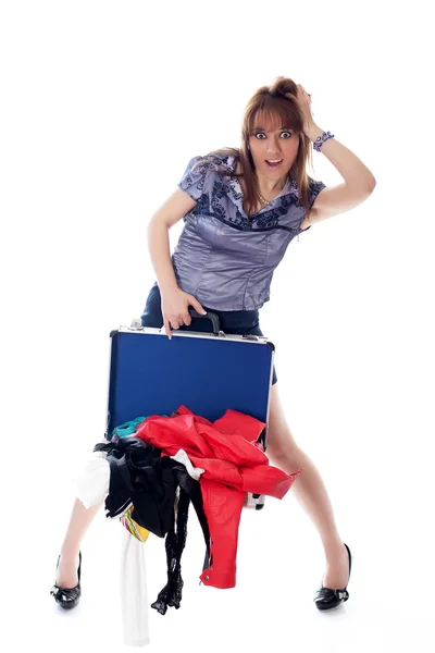 Woman with luggage case emotion portrait — Stock Photo, Image
