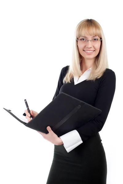 Affärskvinna med mappen och penna — Stockfoto