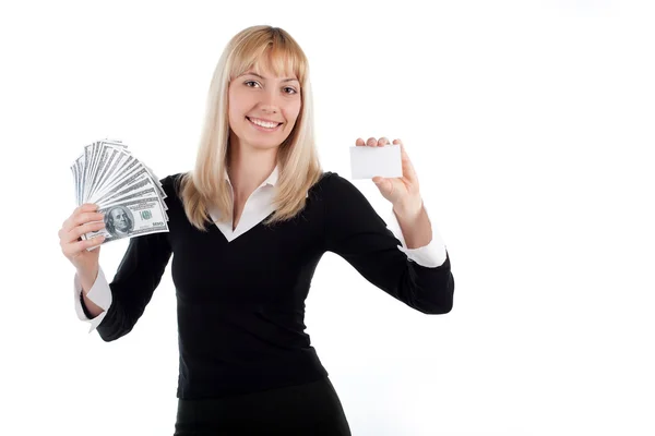 Mulher segurando cartão em branco e dinheiro nas mãos — Fotografia de Stock