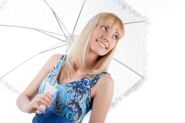 Young blonde woman with umbrella — Stockfoto