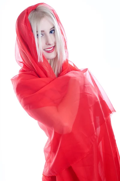 Mulher em tecido vermelho em um branco — Fotografia de Stock