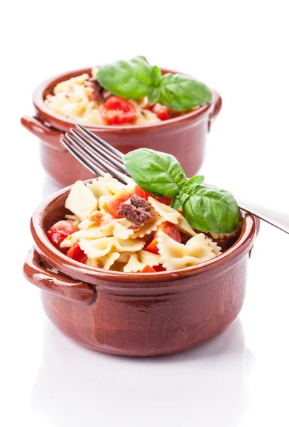 Pasta with cherry tomatoes and olives - isolated — Stock Photo, Image