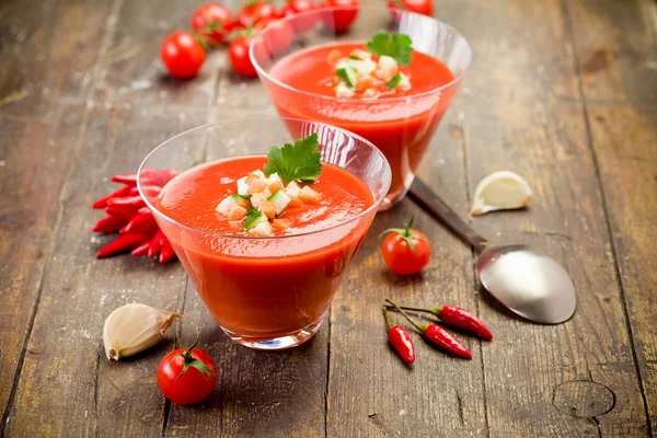 Gazpacho on wooden table — Stock Photo, Image