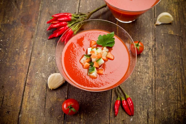 Gazpacho on wooden table — Stock Photo, Image