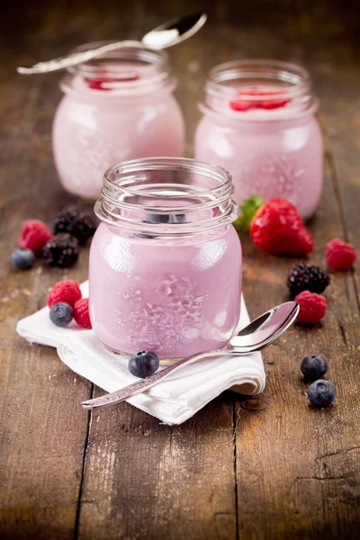 Kis üvegekbe, a házi joghurt bogyós gyümölcsök — Stock Fotó