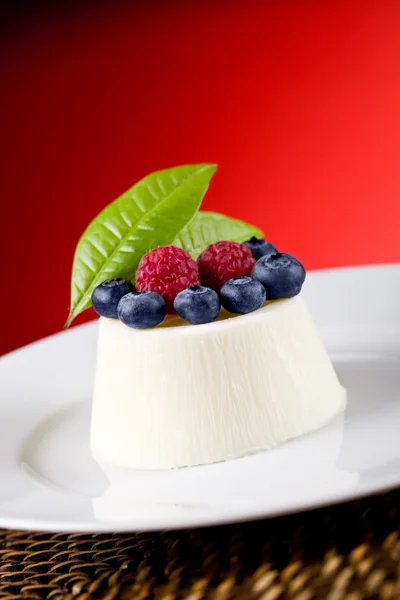 Panna cotta with Berries on red background — Stock Photo, Image