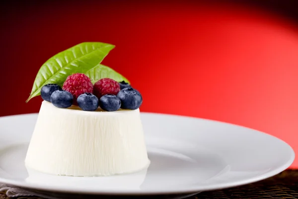 Panna cotta with Berries on red background — Stock Photo, Image